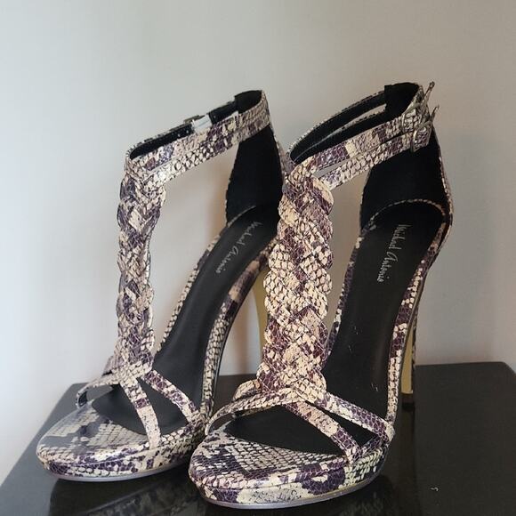 Michael Antonio Brown and Cream Snakeskin 5" High Heeled Sandals Size 8.5 - Picture 3 of 15